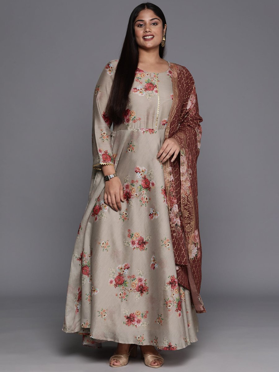 Ahalyaa Plus Size Round Neck Maxi Ethnic Dress With Dupatta | Grocsy