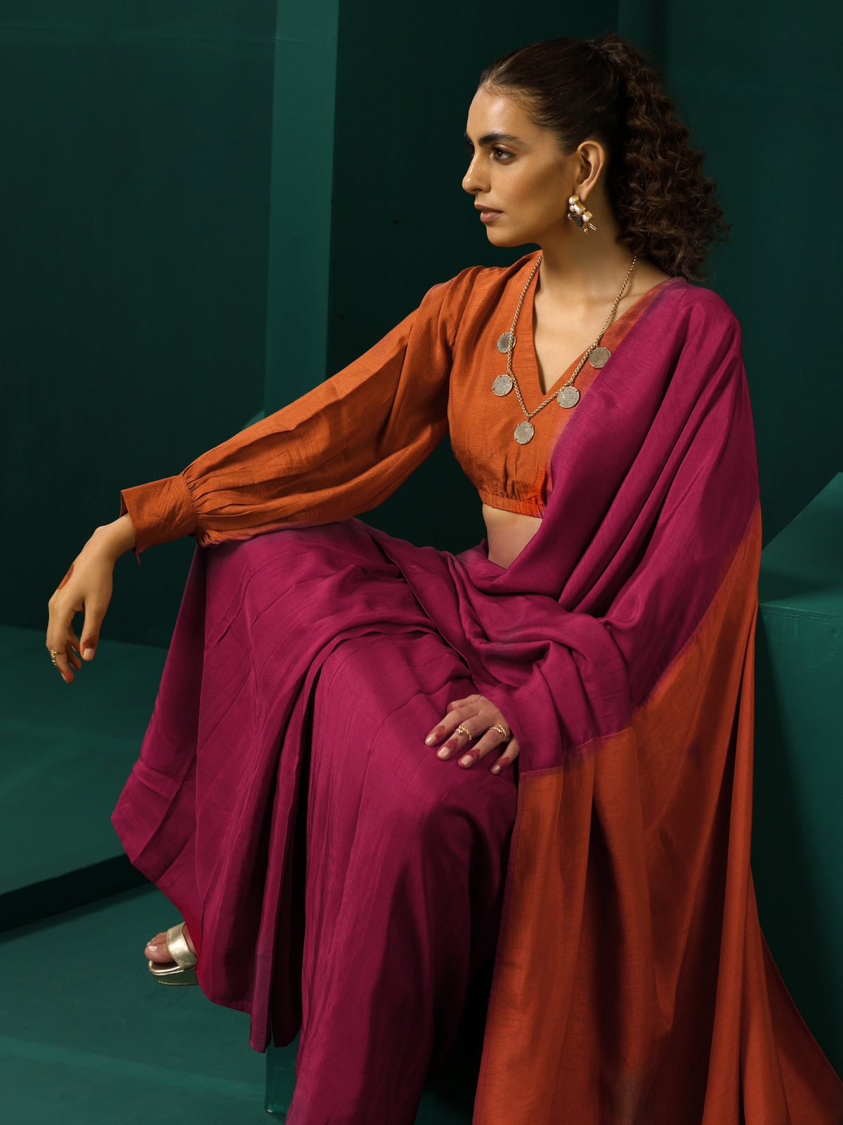 trueBrowns Maroon Rust Silk Ready To Wear Saree | Grocsy
