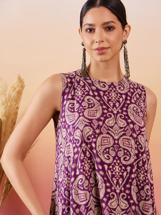 InWeave Dusty Mauve Paisley Round Neck Kurta Short Palazzo Set | Grocsy
