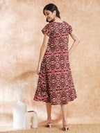 InWeave Women's Wine Ikkat Print A Line Dress | Grocsy