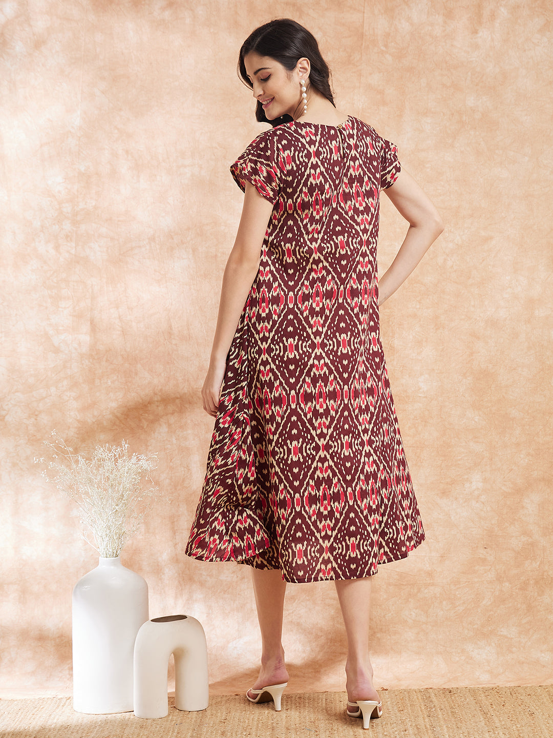 InWeave Women's Wine Ikkat Print A Line Dress | Grocsy