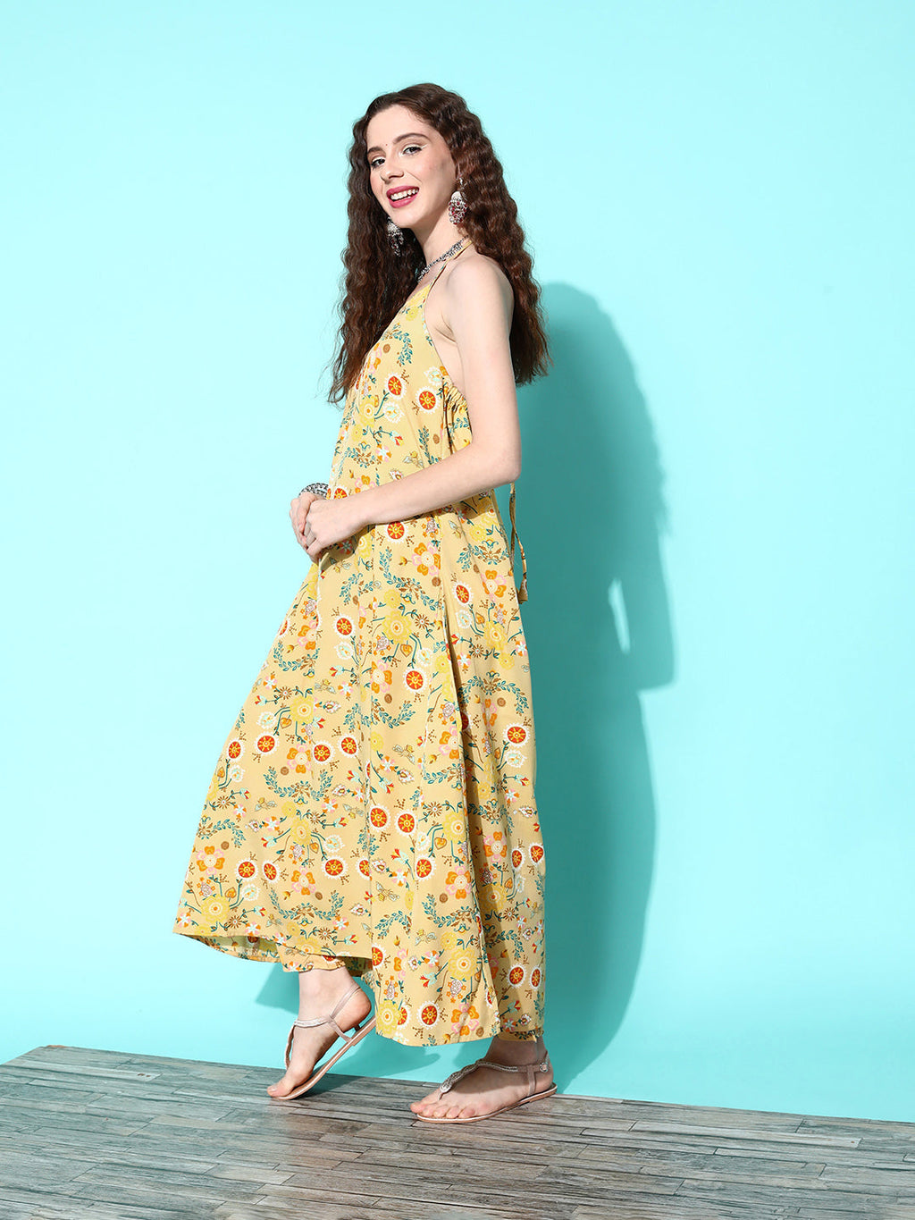 InWeave Women's Yellow Print Back Less Long Kurta Pant Set | Grocsy