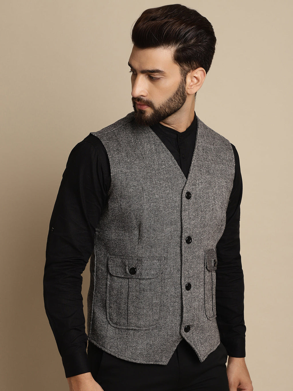 Even Apparels Men's Black Woolen Waistcoat With Patch Pocket | Grocsy