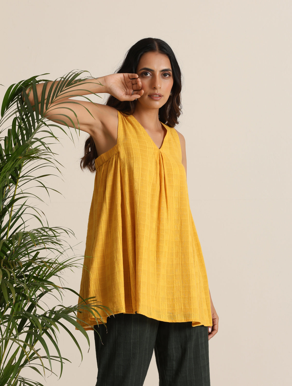 trueBrowns Mustard Cotton Dobby Sleeveless Co-ord Set | Grocsy