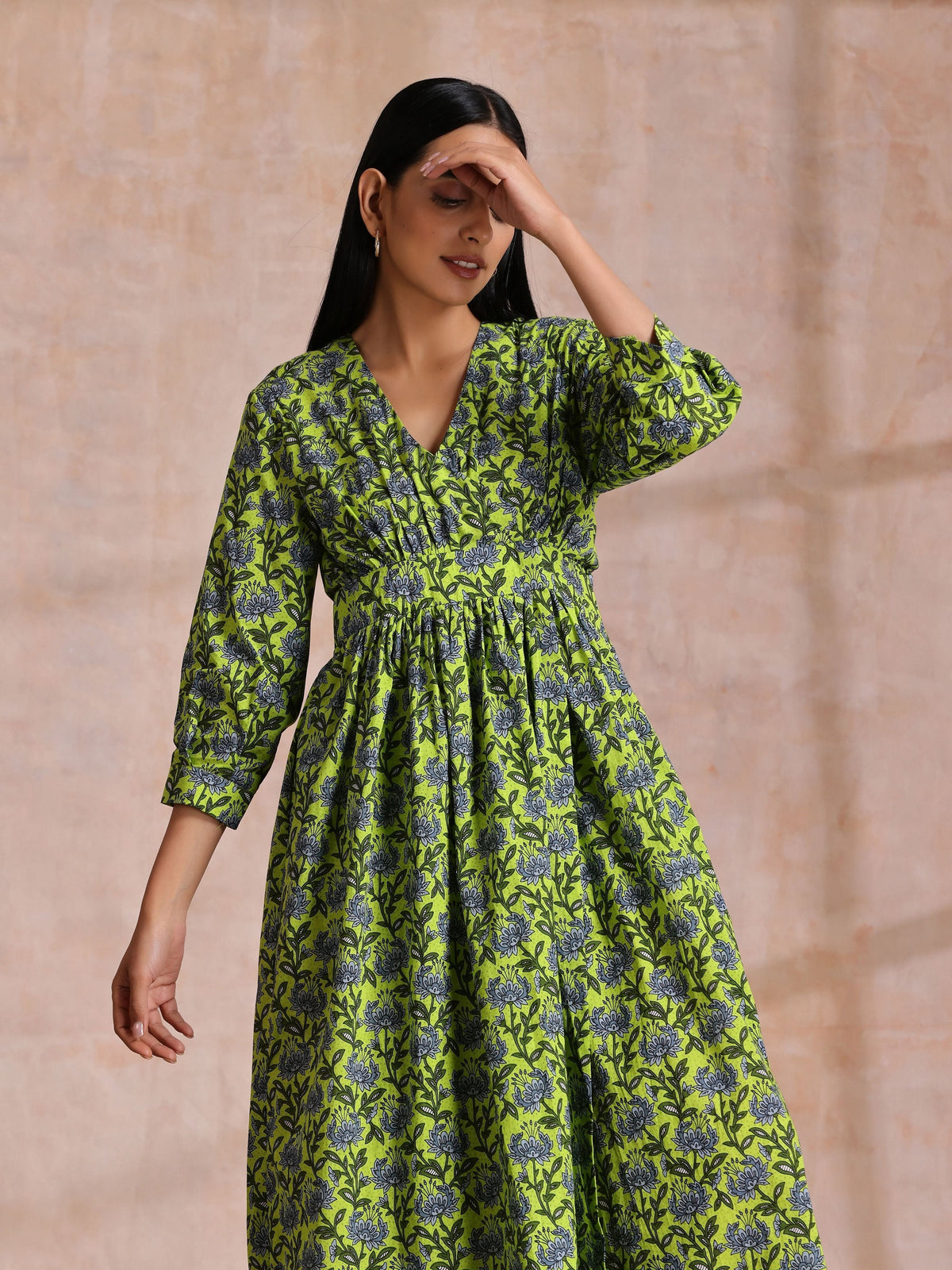 trueBrowns Lime Green Overall Blue Floral Block Print Cotton Wrap Dress | Grocsy