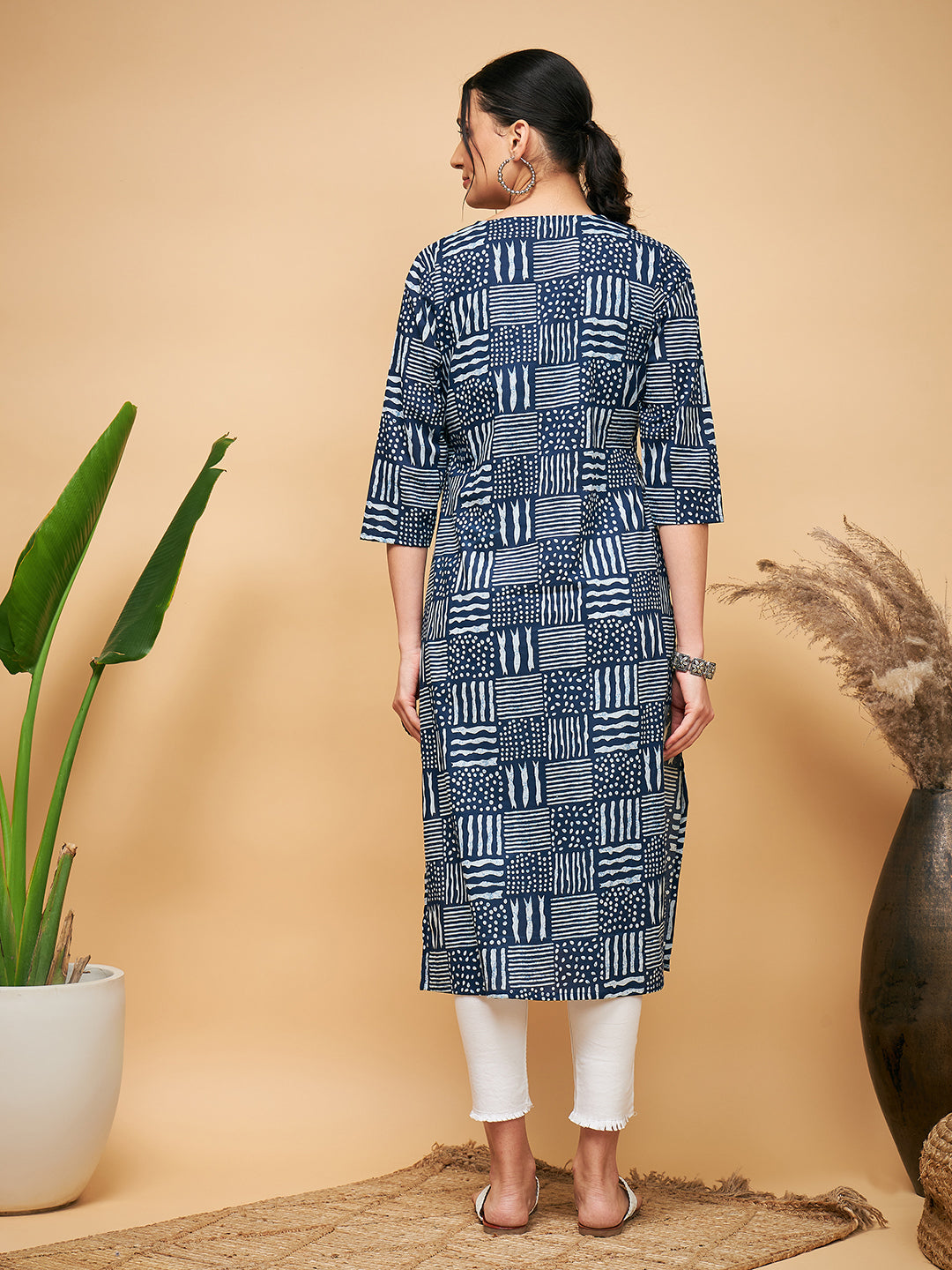 InWeave Women's Ankola Indigo With Tiles Hand Block Print Lace Straight Kurta | Grocsy