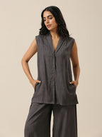 trueBrowns Slate Grey Slub Texture Sleevesless Jacket Pant Set | Grocsy