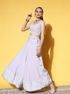 Ahalyaa Blue & White Printed Sequinned Ready to Wear Lehenga & Blouse With Dupatta | Grocsy