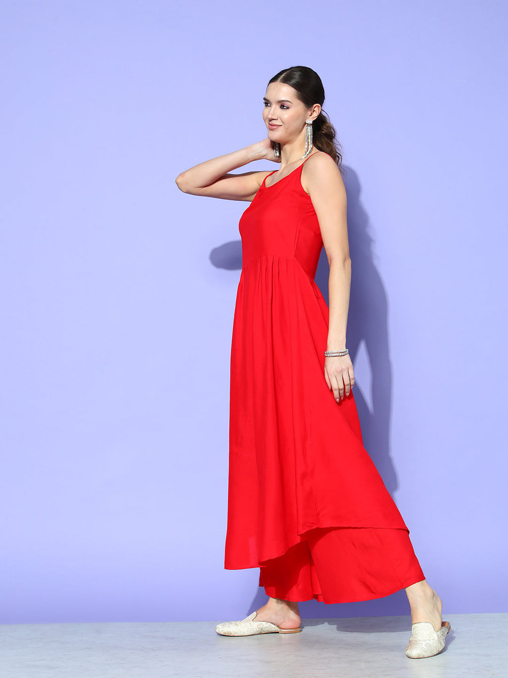 InWeave Women's Red Strappy Set With Green Floral Short Organza Cape | Grocsy