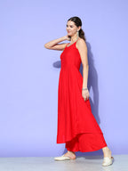 InWeave Women's Red Strappy Set With Green Floral Short Organza Cape | Grocsy
