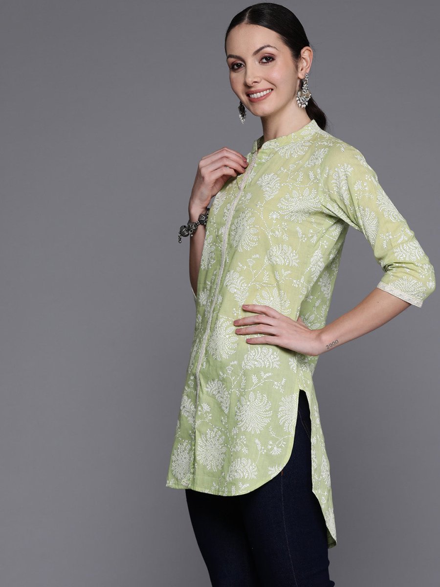Ahalyaa Mandarin Collar Floral Printed Tunic with Lace Inserts Detail | Grocsy