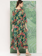 InWeave Women's Green Tropical Print Gota Long Dress | Grocsy