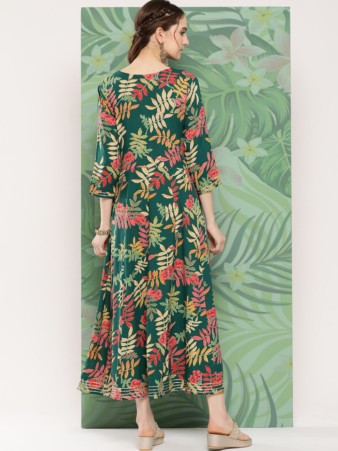 InWeave Women's Green Tropical Print Gota Long Dress | Grocsy