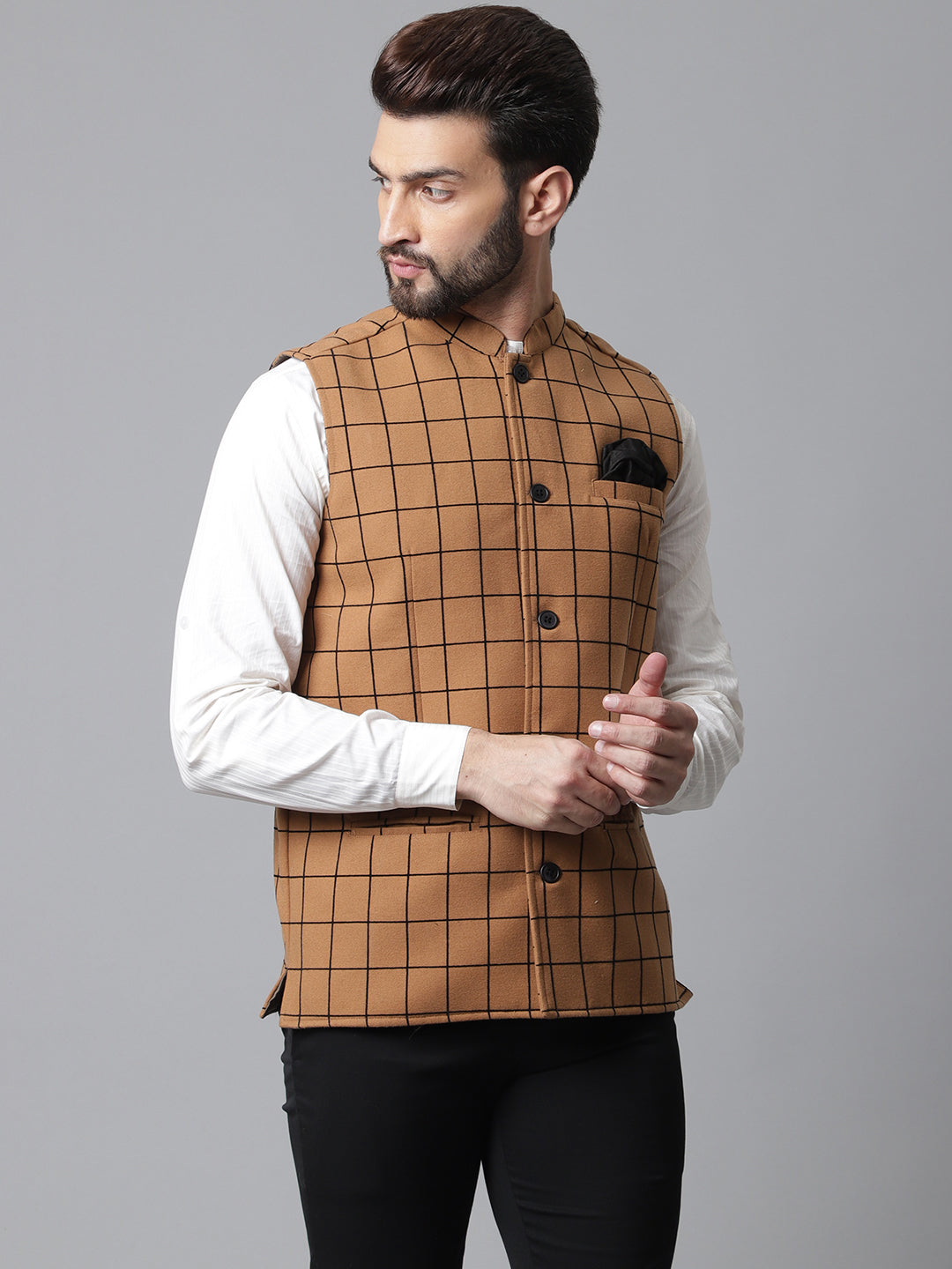 Even Apparels Men's Beige Nehru Jacket With Welt Pockets | Grocsy