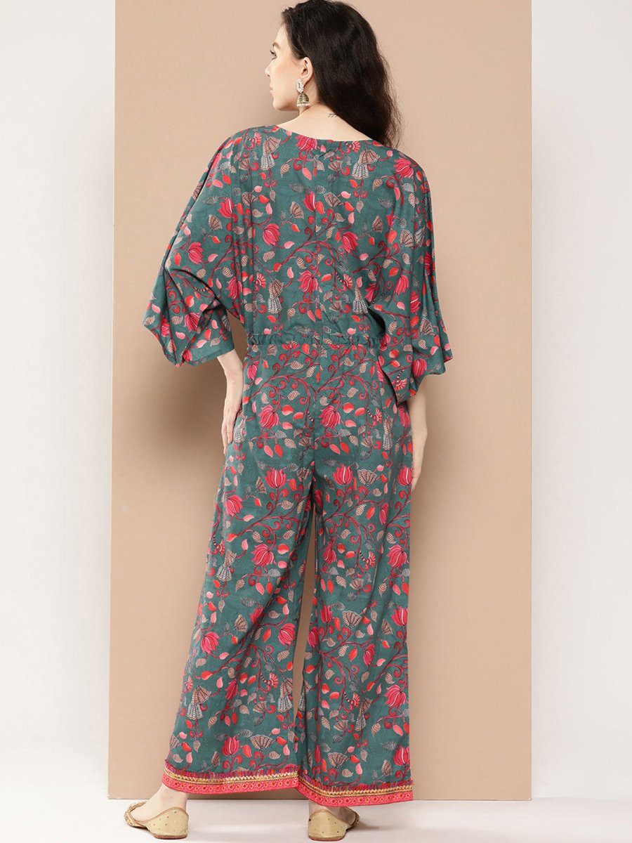 Ahalyaa Printed Basic Jumpsuit with Lace Inserts | Grocsy