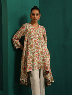trueBrowns Off white Floral Jaal Muslin Silk Printed High Low Co-ord Set | Grocsy