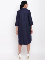 trueBrowns Linen Cotton Blue Collared Dress | Grocsy