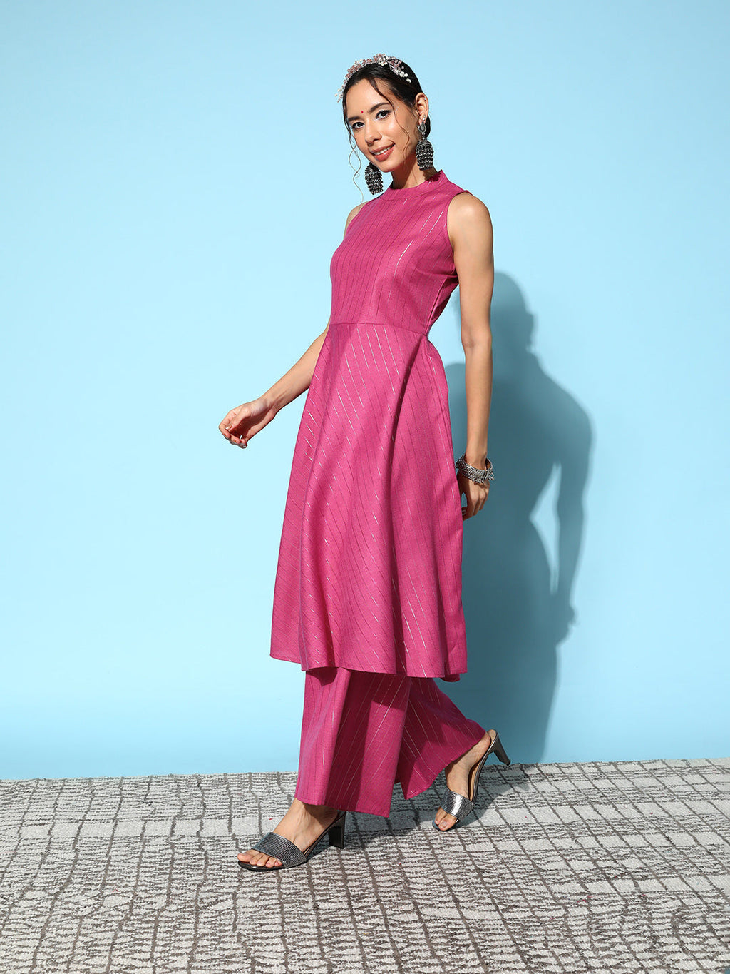 InWeave Women's Pink Lurex Boho Sleevless Kurta Set | Grocsy