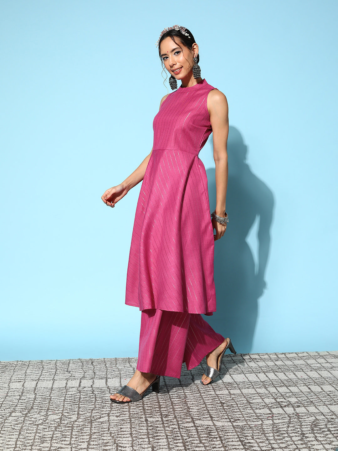 InWeave Women's Pink Lurex Boho Sleevless Kurta Set | Grocsy