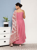 InWeave Women's Light Pink Ray Strappy Set With Red Big Floral Cotton Dupatta | Grocsy