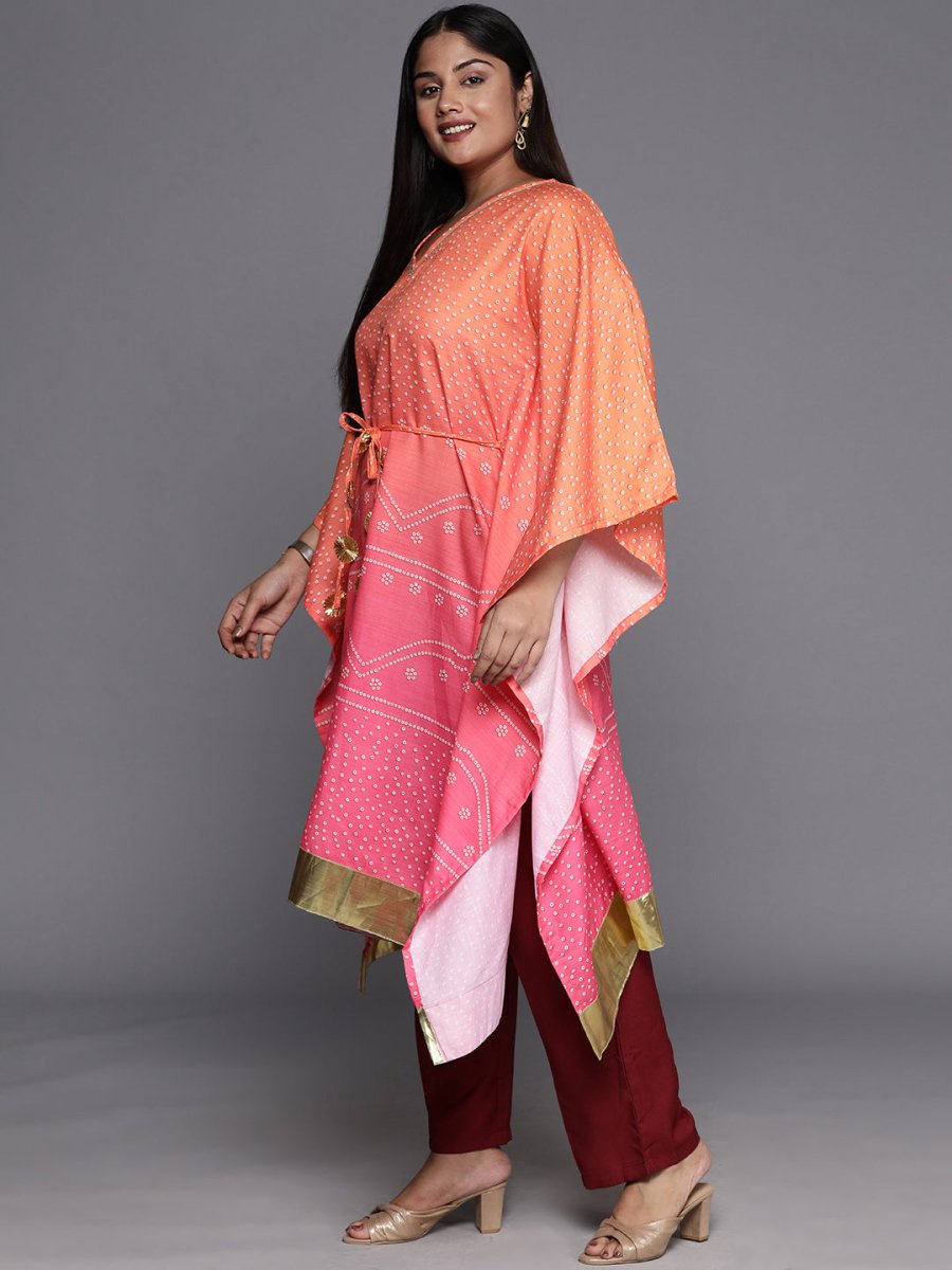 Ahalyaa Plus Size Bandhani Printed Flared Sleeves Gotta Patti Kaftan Kurta | Grocsy