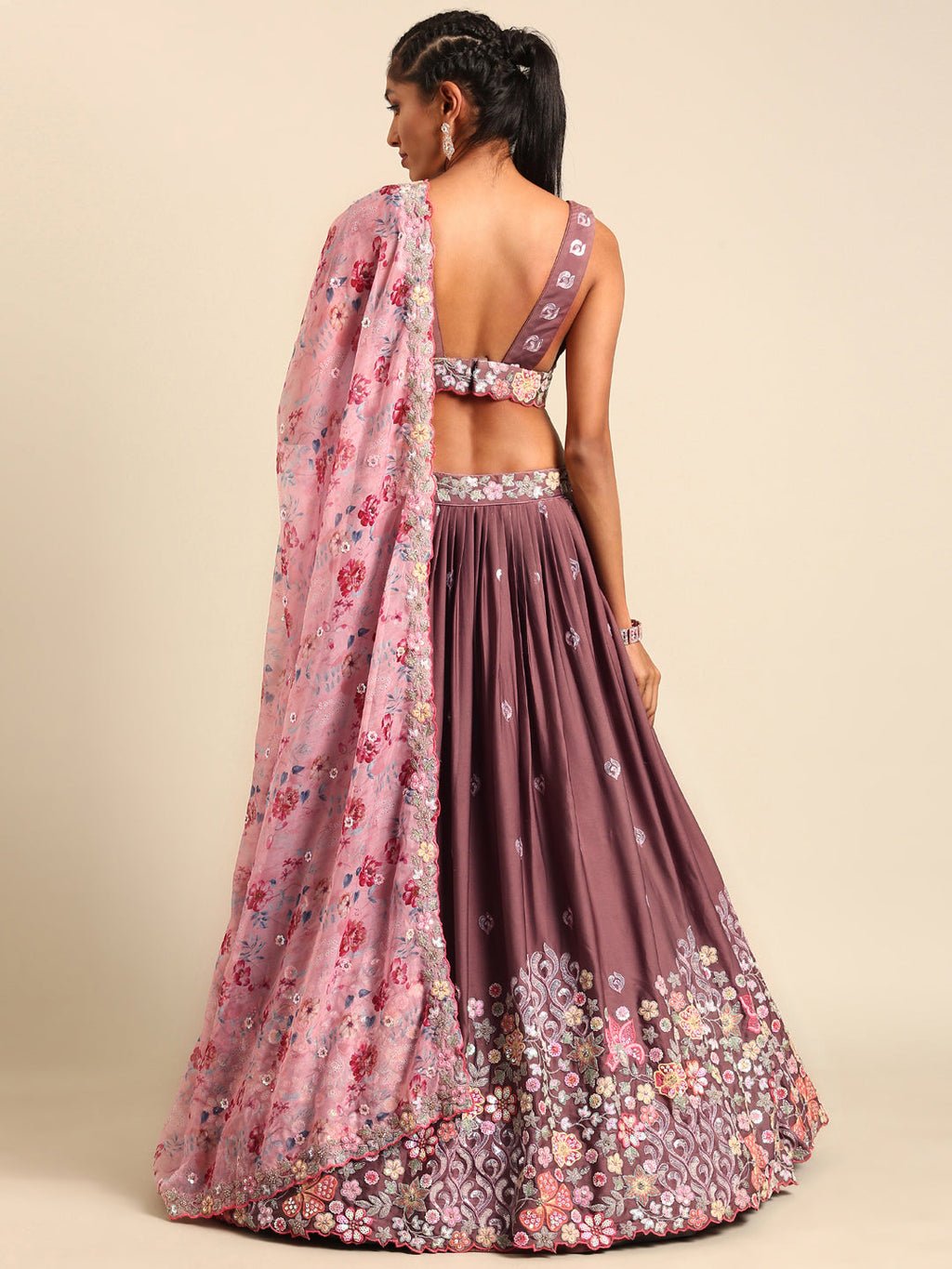 House of Panchhi Rose Gold Chinon Sequins Embroidery Lehenga Choli & Dupatta | Grocsy