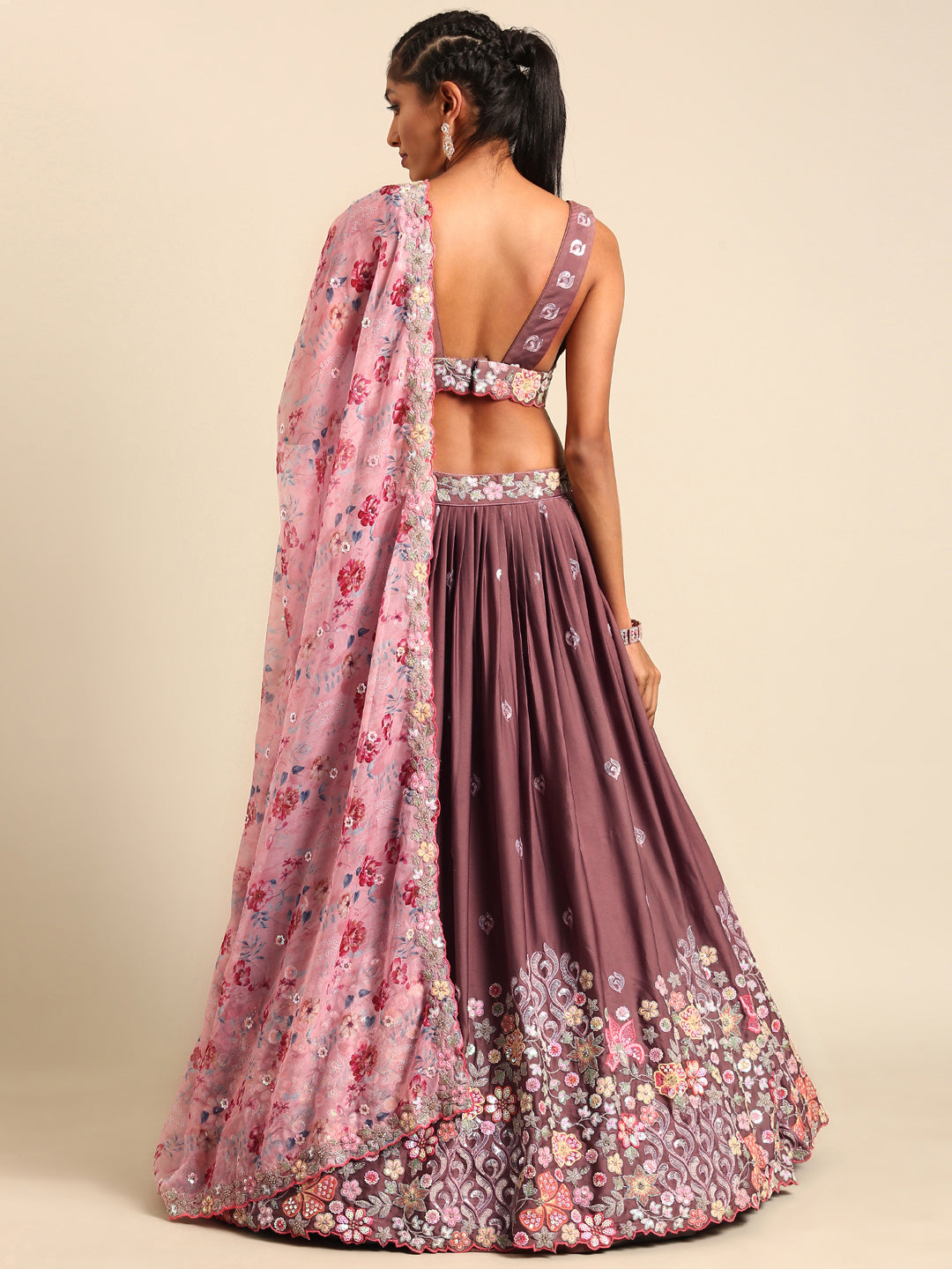 House of Panchhi Rose Gold Chinon Sequins Embroidery Lehenga Choli & Dupatta | Grocsy