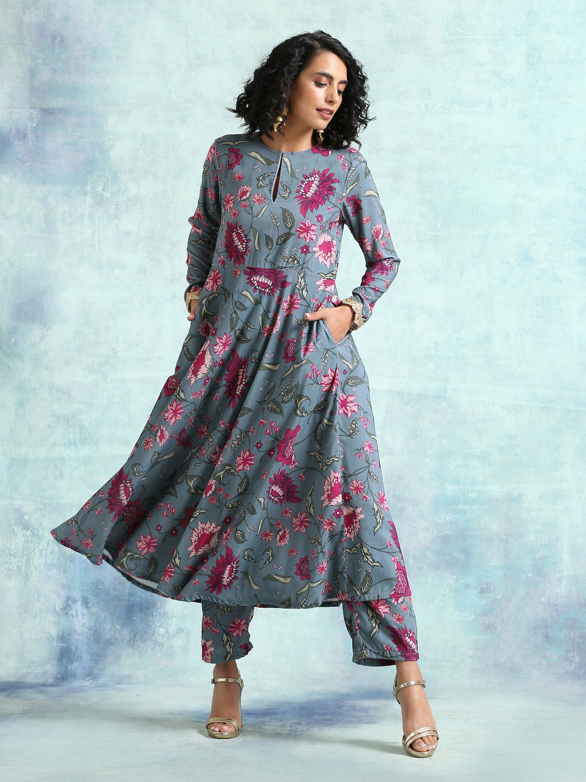 trueBrowns Grey Printed Velvet Anarkali Kurta | Grocsy