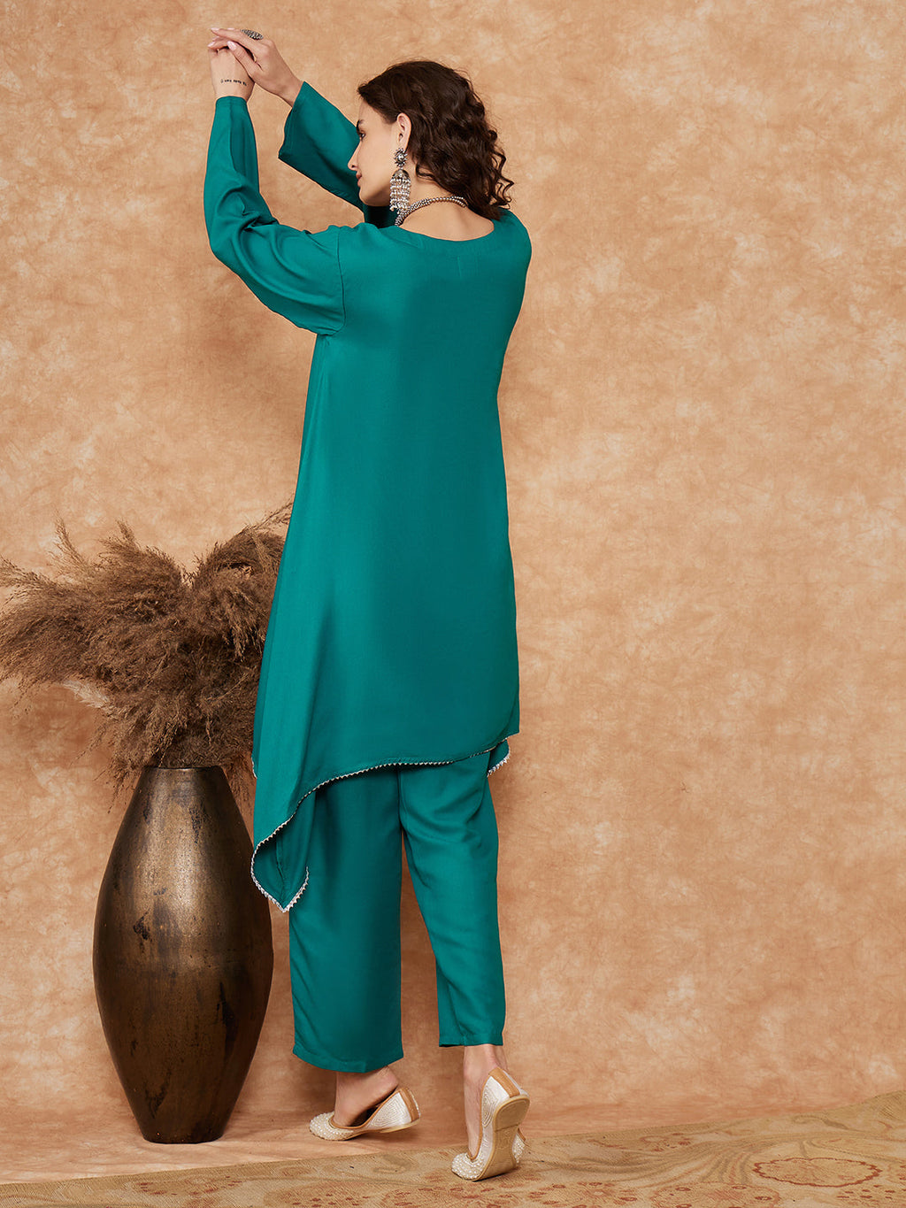 InWeave Women's Teal Trangle Yellow Patch Work Assymentrical Kurta Set | Grocsy