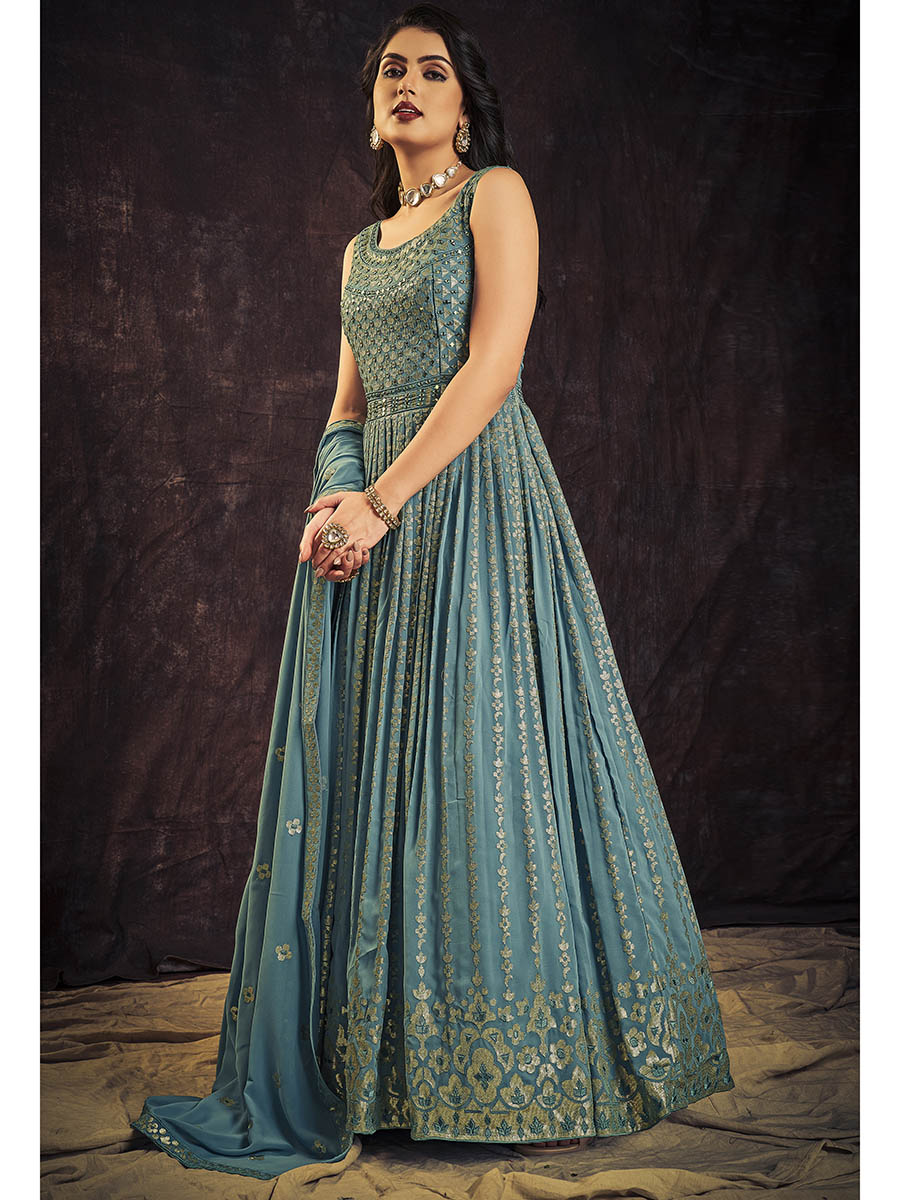 Myra Blue Real Georgette Designer Gown Style Suit | Grocsy