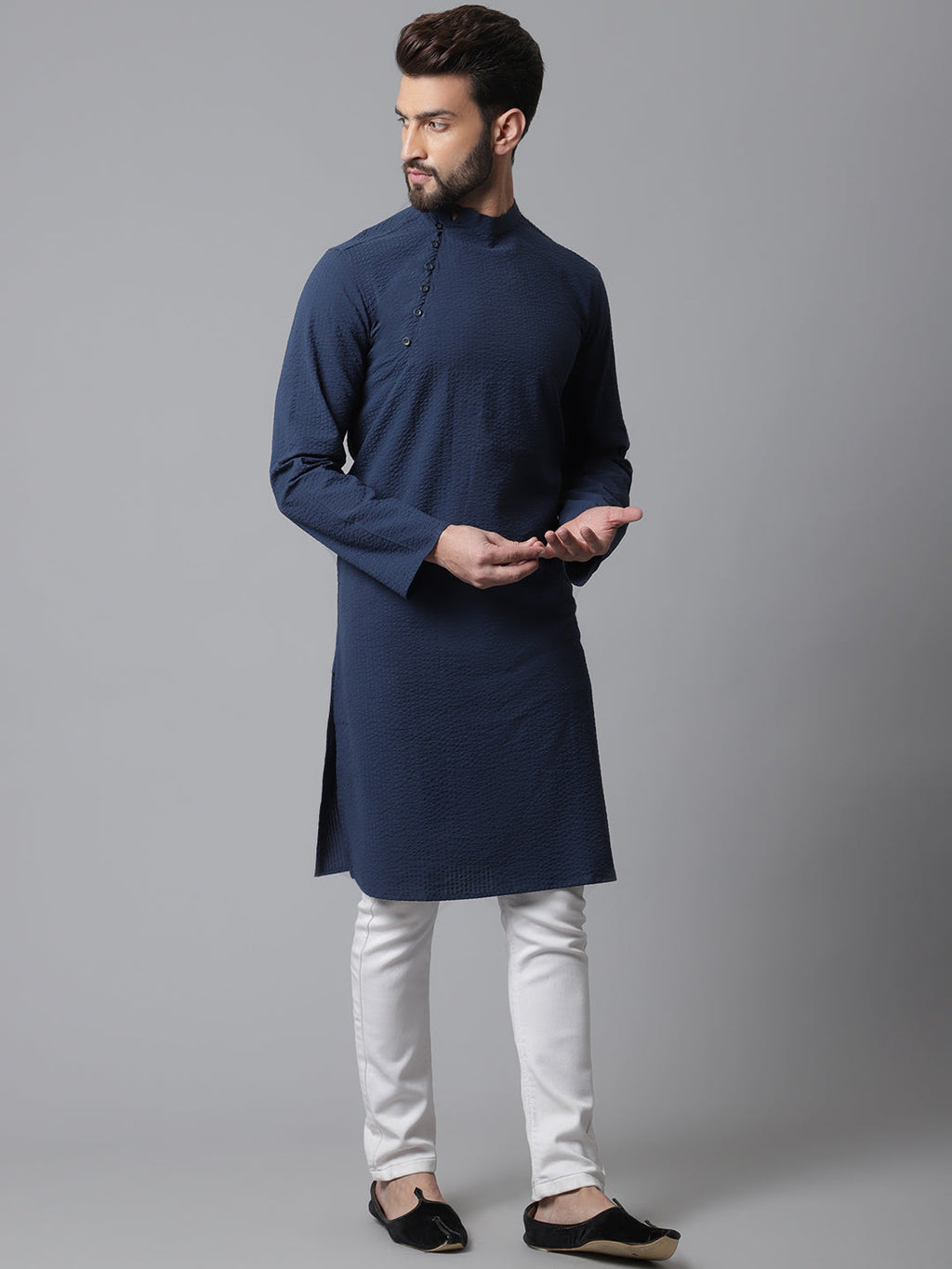 Even Apparels Blue Solid Kurta With Band Collar | Grocsy