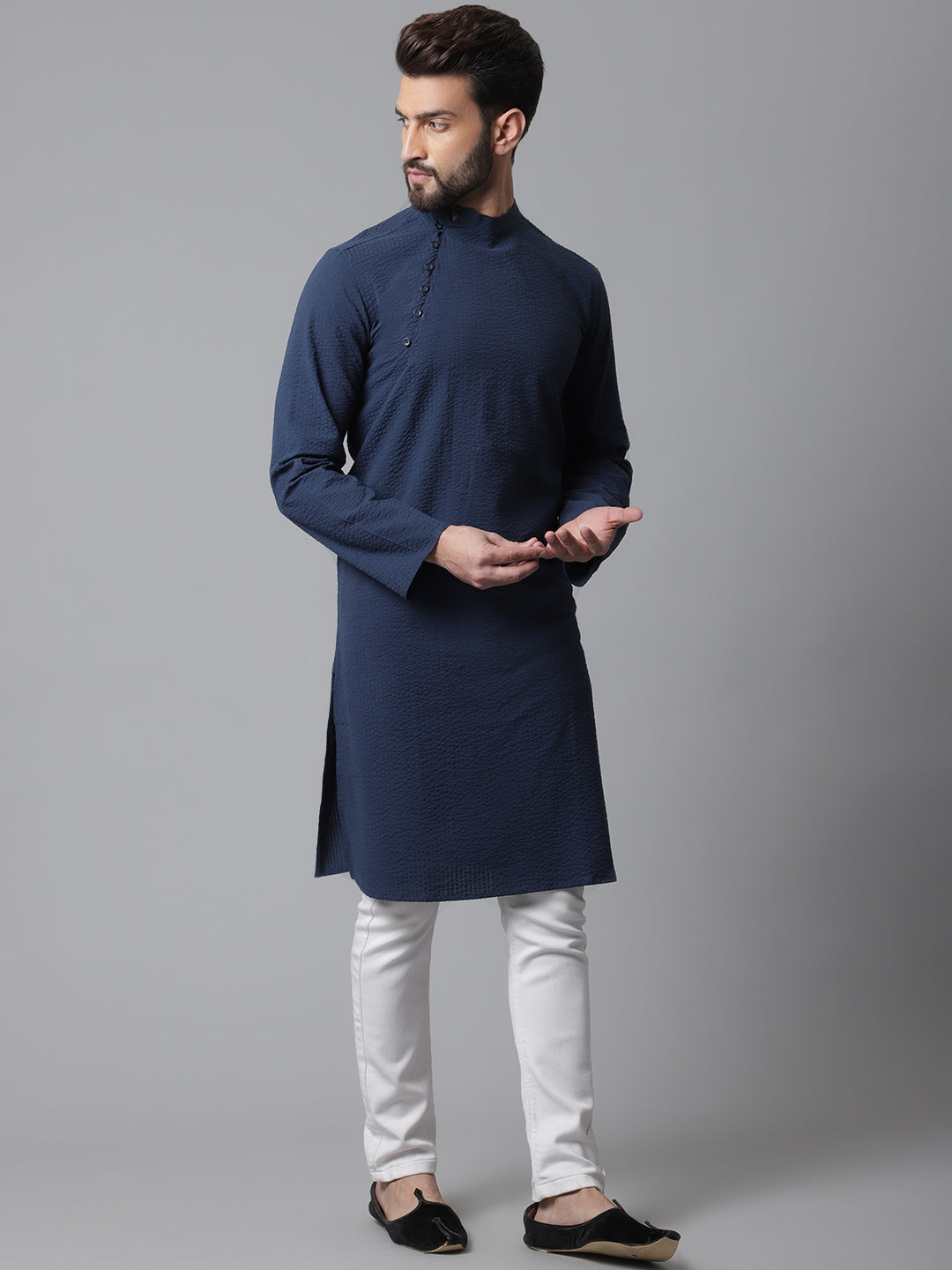 Even Apparels Blue Solid Kurta With Band Collar | Grocsy