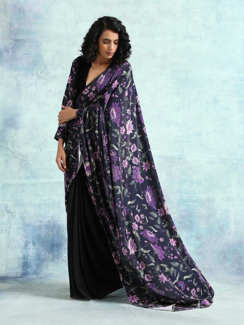 trueBrowns Black Printed Velvet Ready to Wear Saree | Grocsy