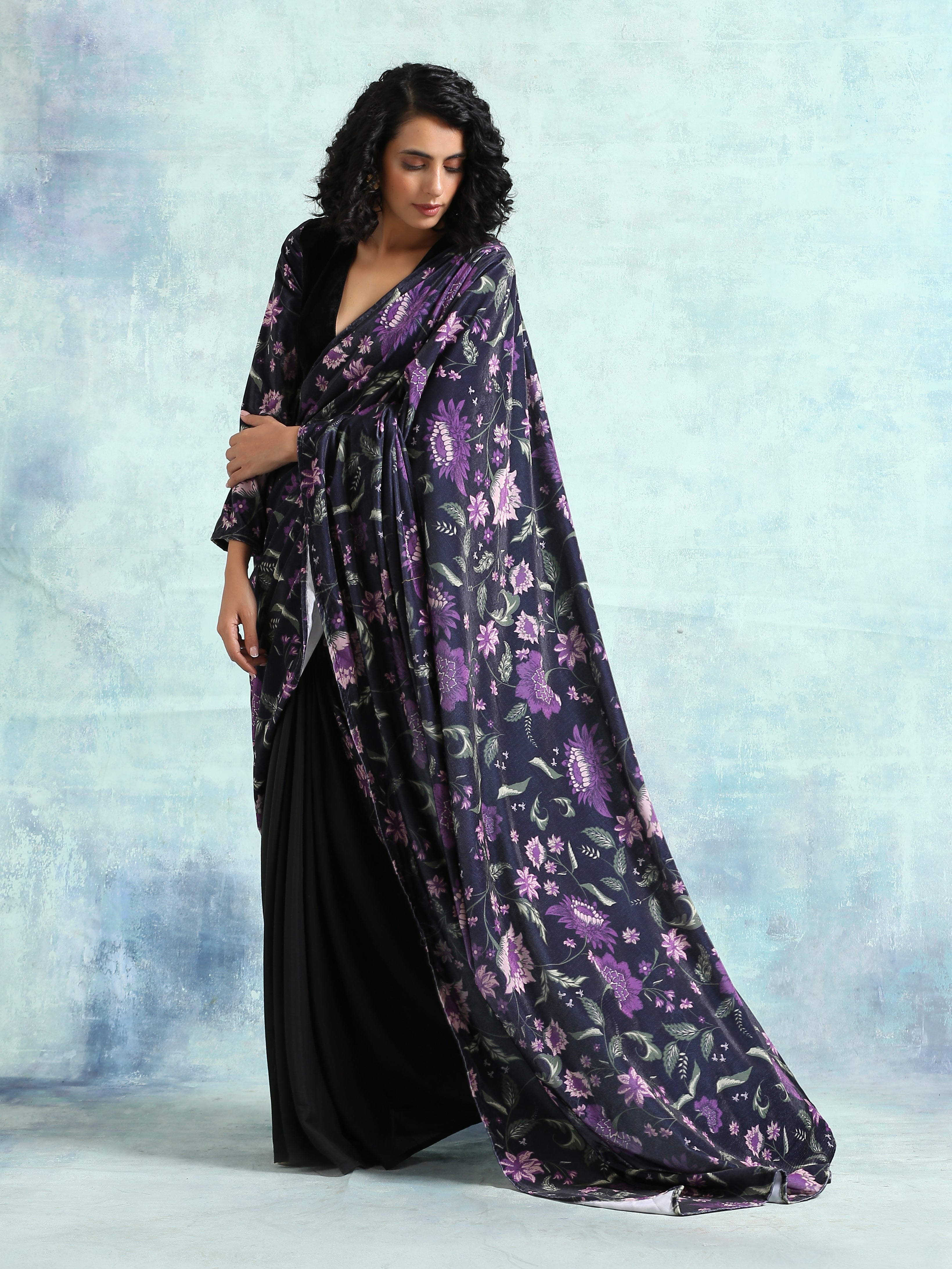 trueBrowns Black Printed Velvet Ready to Wear Saree | Grocsy