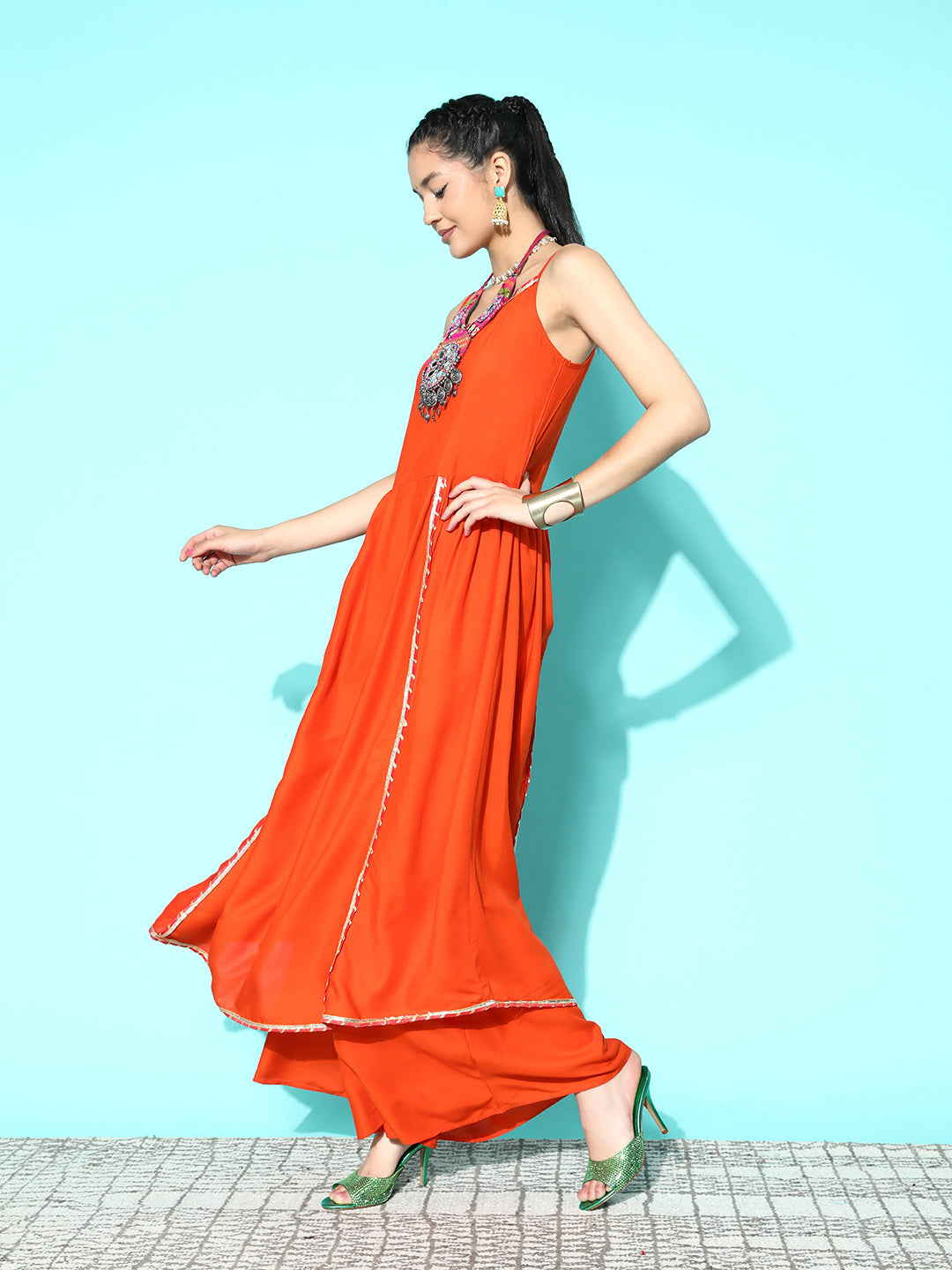 InWeave Women's Orange Red Gota Strappy Set With Multi Foil Muslin Dupatta | Grocsy