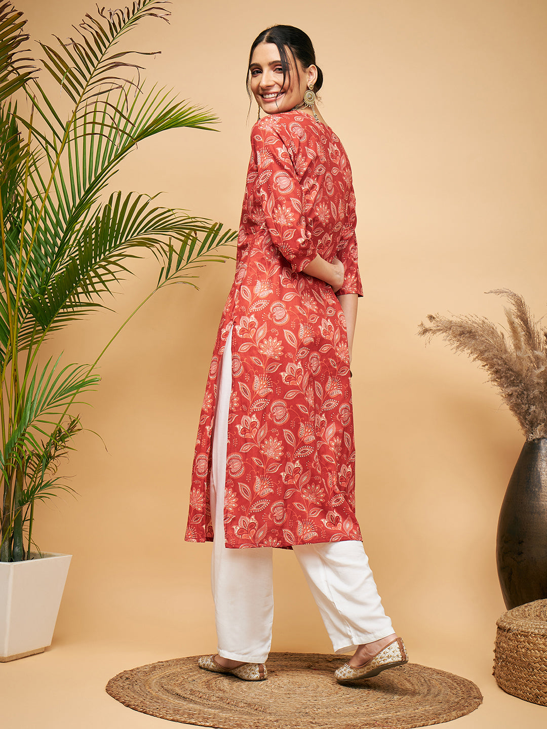 InWeave Women's Rust Paisley Print Gota Straight Kurta Pant Set | Grocsy