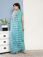InWeave Women's Teal Lurex Boho Kurta Set With Sky Blue White Leh Dupatta | Grocsy