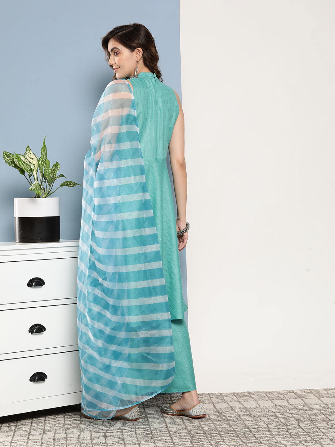 InWeave Women's Teal Lurex Boho Kurta Set With Sky Blue White Leh Dupatta | Grocsy
