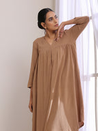 trueBrowns Beige Dobby Gathered Kurta Pant Set | Grocsy