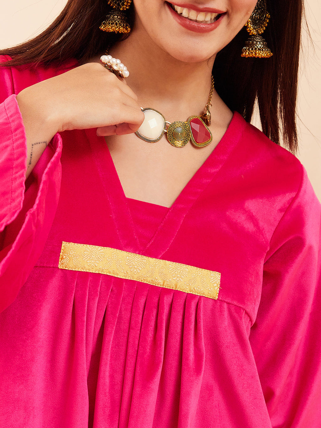 InWeave Women's Magenta V Neck Asymmetrical Pleated Velvet Kurta Set | Grocsy