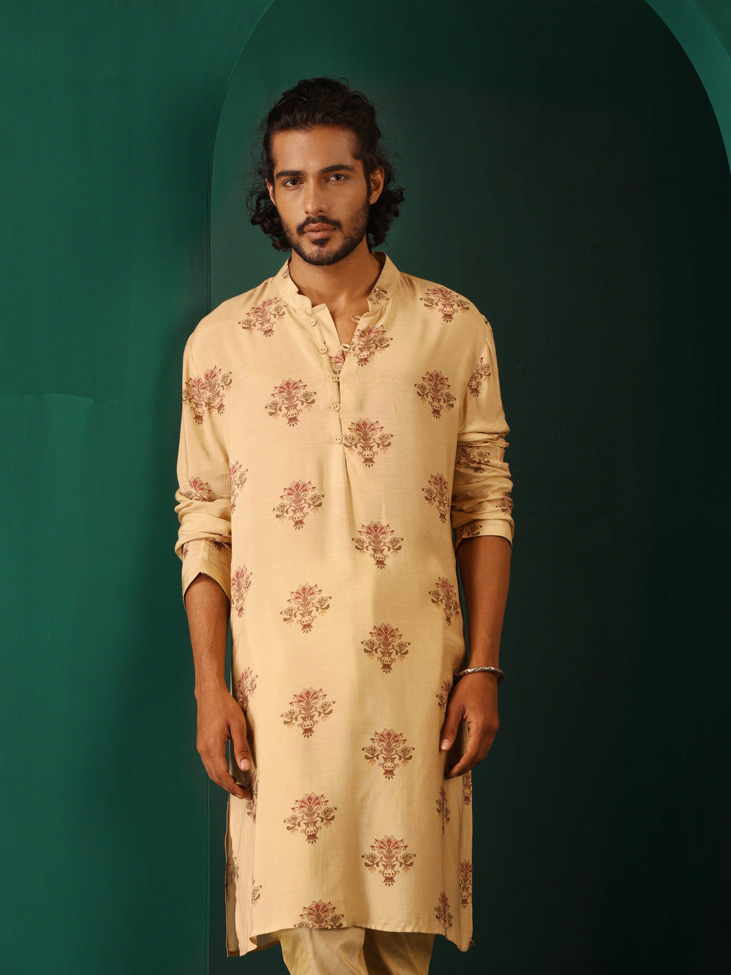 trueBrowns Men's Beige Floral Bunch Muslin Silk Printed Long Kurta | Grocsy