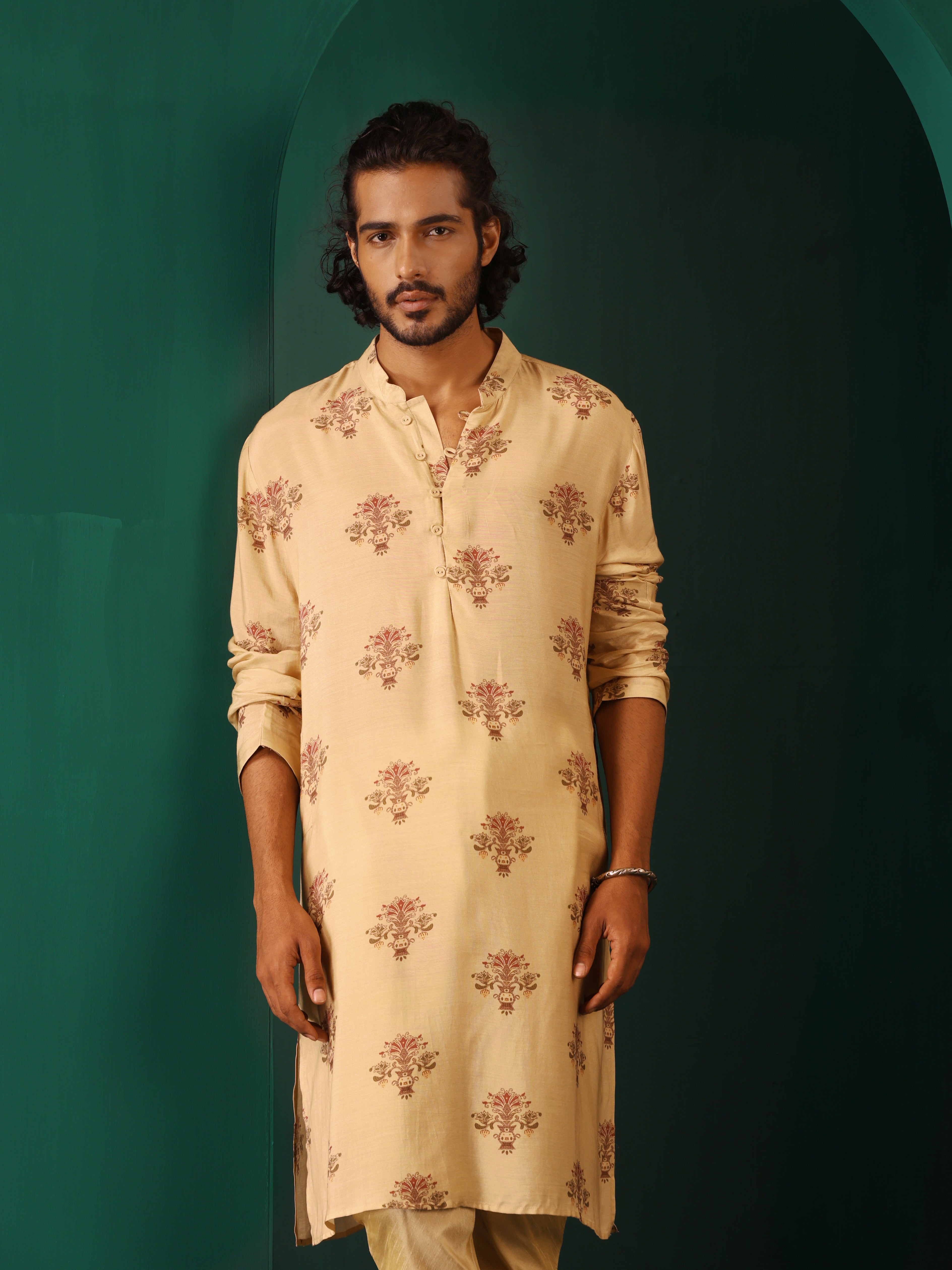 trueBrowns Men's Beige Floral Bunch Muslin Silk Printed Long Kurta | Grocsy