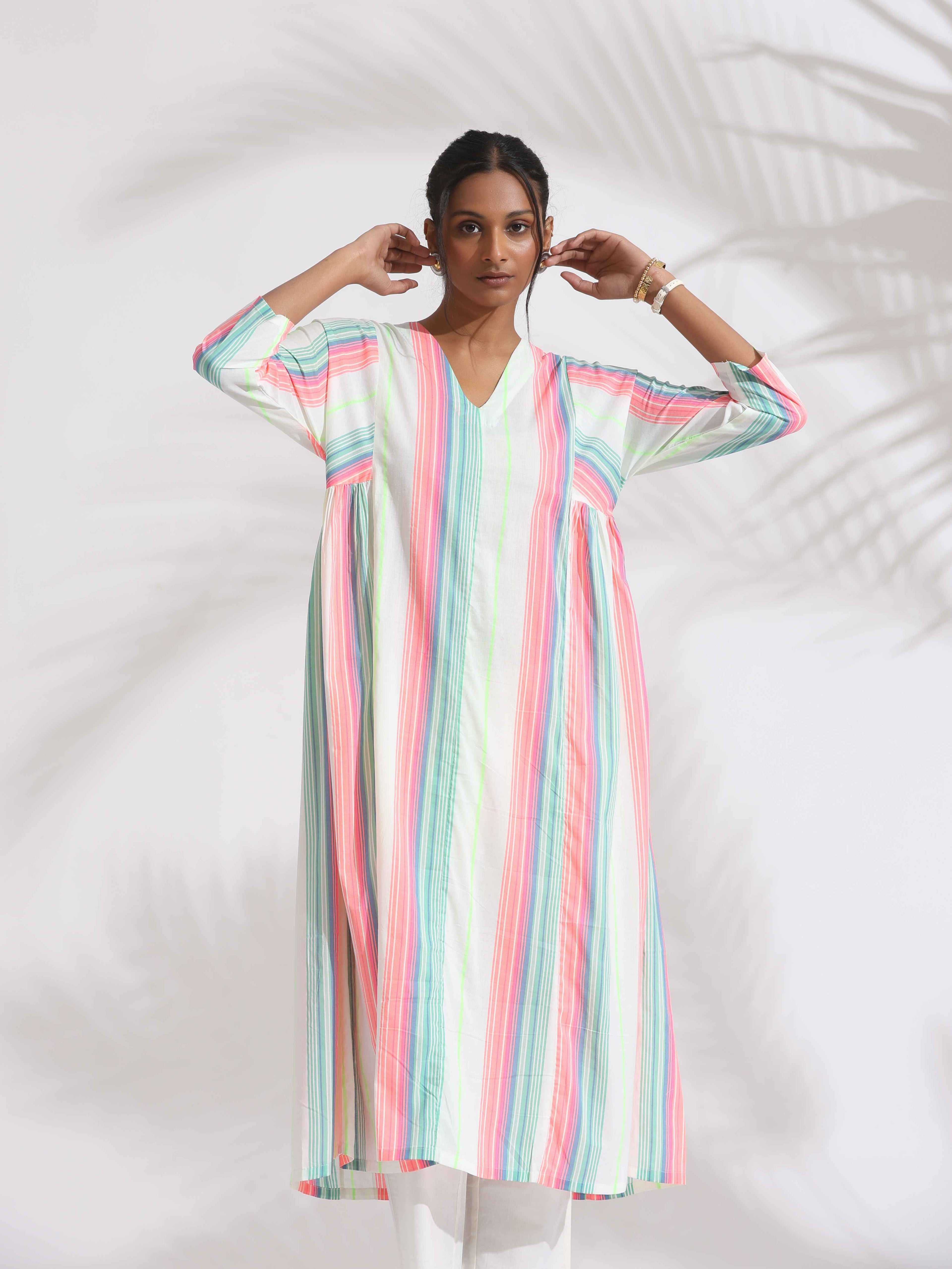 trueBrowns Off-White Cotton Multi Stripe Flared Kurta Set | Grocsy