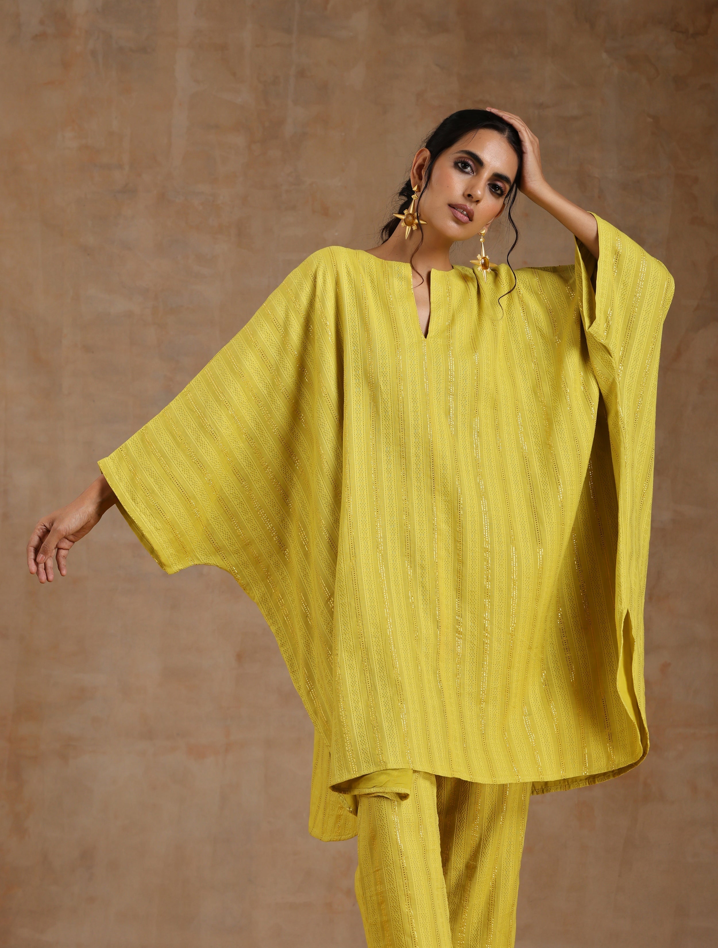 trueBrowns Lime Gold Cotton Oversized Round Co-Ord Set | Grocsy