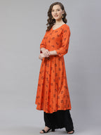 Jompers Women Orange & Black Floral Printed A-Line Kurta | Grocsy