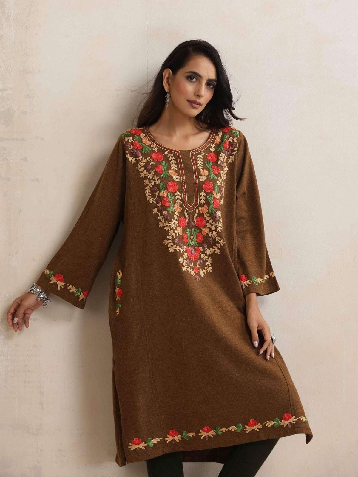 trueBrowns Brown Kashmiri Embroidered Woollen Phiran Kurta | Grocsy