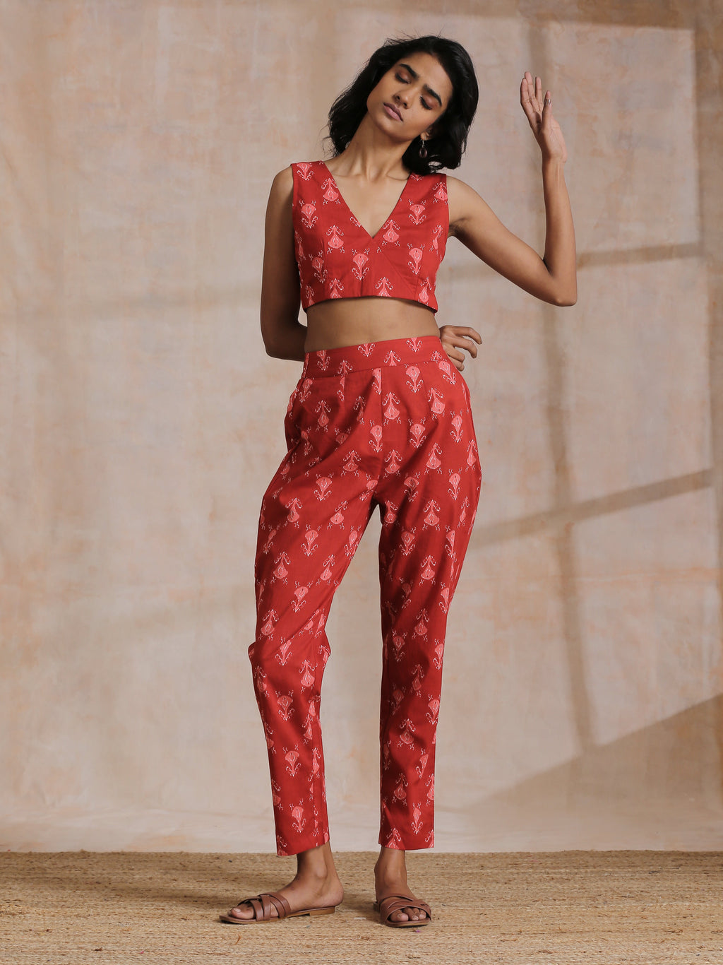 trueBrowns Red On Red Ikat Print Cotton Pant Suit Set | Grocsy