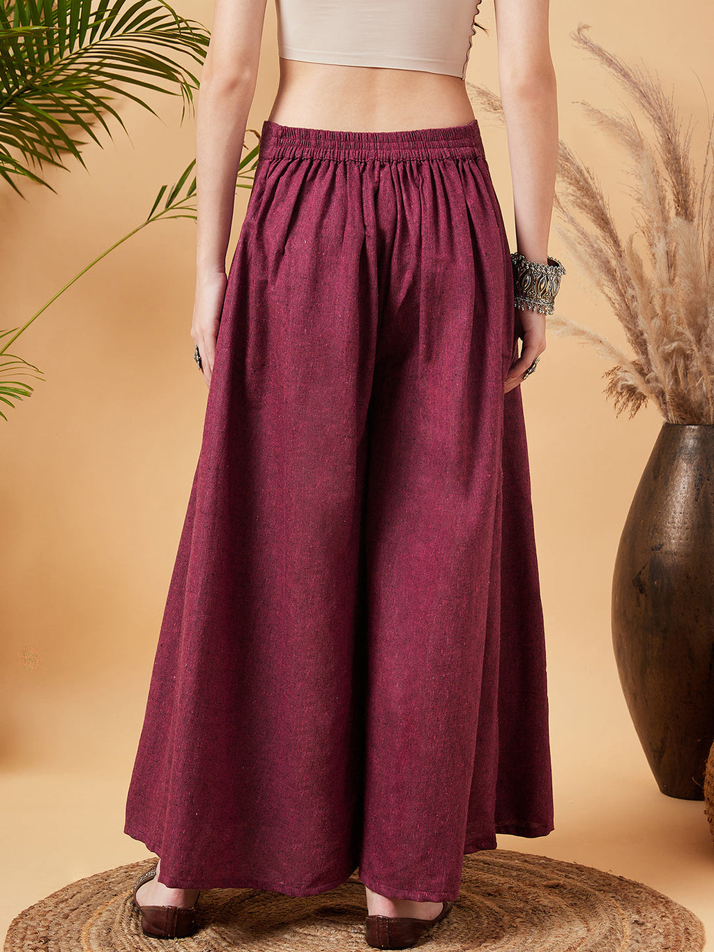 InWeave Women's Pink Wine Handloom Palazzo | Grocsy