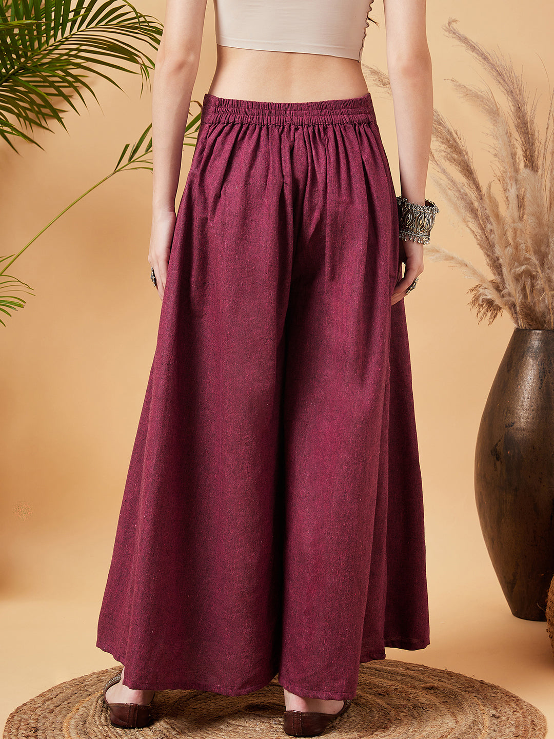 InWeave Women's Pink Wine Handloom Palazzo | Grocsy