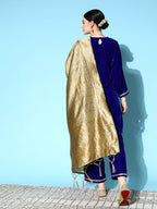 InWeave Women's Blue Velvet Kurta Set With Beige Brocade Dupatta | Grocsy